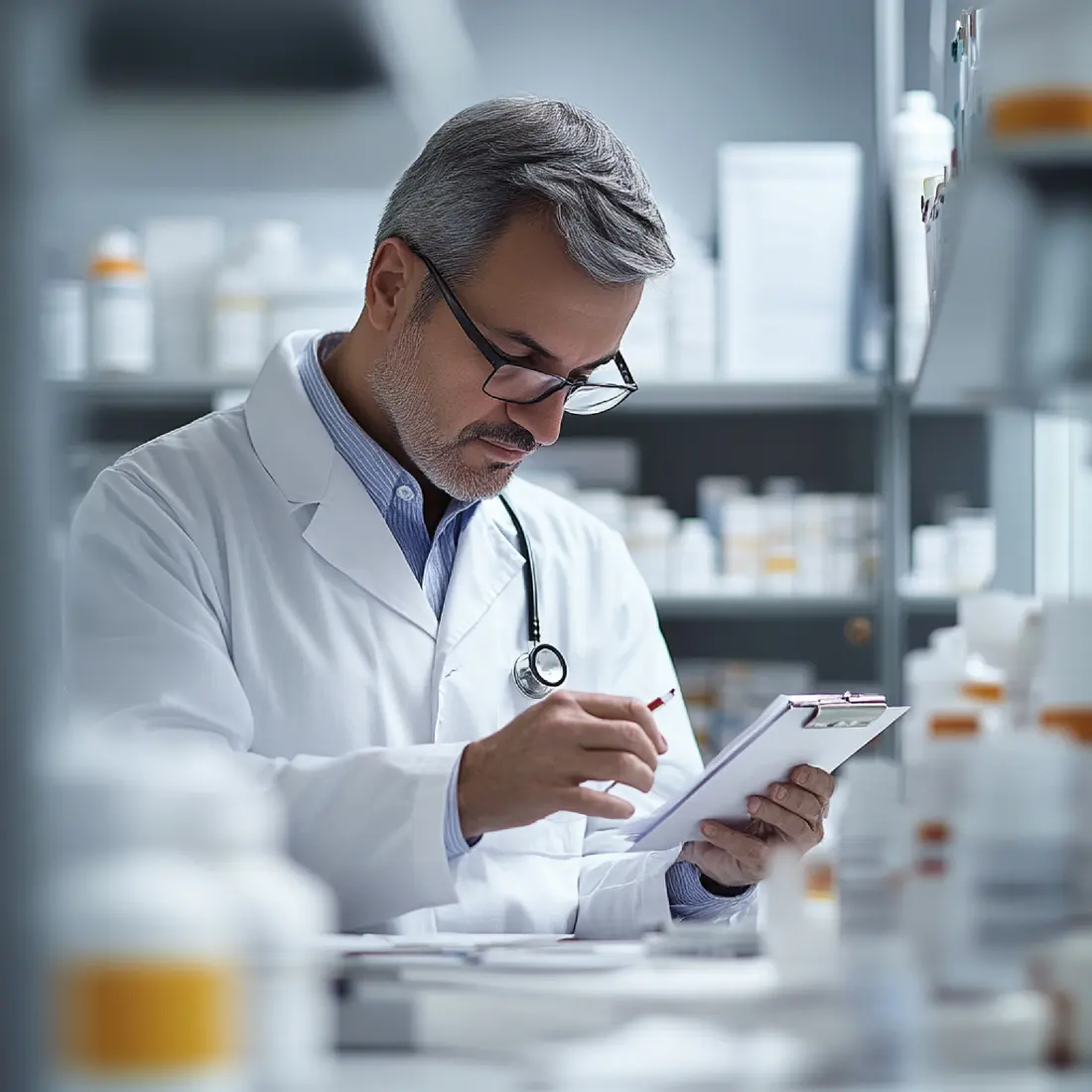 A pharmacist reviewing formulation notes against pharmacy shelves